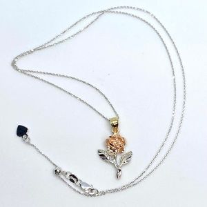 Solid 14K Gold Tri Tone Rose Flower Necklace